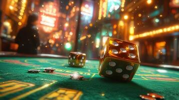 Golden dice poised on a green casino table, ready for a thrilling night of chance and fortune. photo