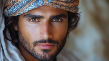 A close-up portrait of a handsome man with a beard and headscarf, looking directly at the camera. photo