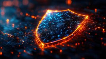 Glowing digital shield illustrates cybersecurity and data protection in a tech-centric world. photo