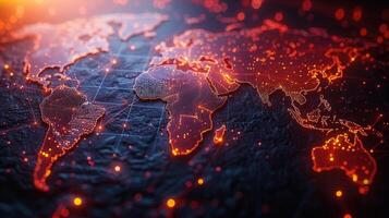 Vibrant digital world map illuminated with glowing lights and interconnected network structure. photo