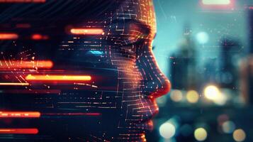 A captivating artwork showing a woman's face with glowing, intricate digital circuits. photo