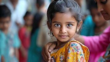 A beautiful Indian girl with captivating eyes and a tender smile held in the arms of another. photo