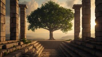 Magnificent tree grows within the ancient temple ruins at sunset, a moment of serenity. photo