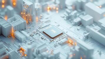 A detailed close-up showing a computer processor on a circuit board, futuristic city inspired. photo