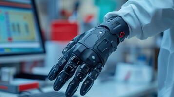 A sleek robotic arm is featured, highlighting technological advancements in a modern lab setting. photo