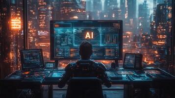 A person in a futuristic setting monitors an 'ai' screen, with the illuminated city in the background. photo