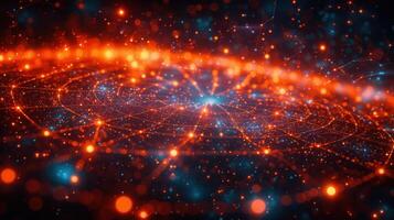 An abstract digital network is visualized with glowing red and blue light connections. photo