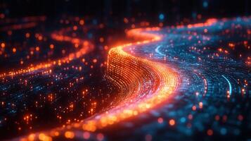 A mesmerizing digital artwork showcasing an abstract flow of data in vibrant orange and blue. photo