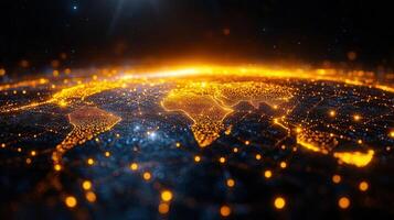 Illuminated digital world map showcasing global connections and technological advancements. photo