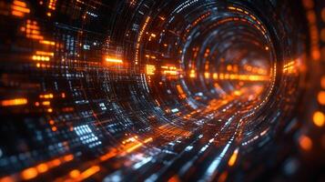 An abstract representation of data flow within a high-tech, glowing digital tunnel. photo