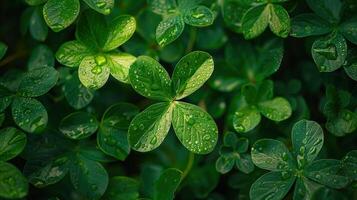 Beautiful close-up shot of vibrant green leaves covered in fresh water droplets. photo