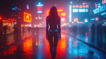 A lone figure strolls through a cyberpunk city street under the vibrant glow of neon lights. photo