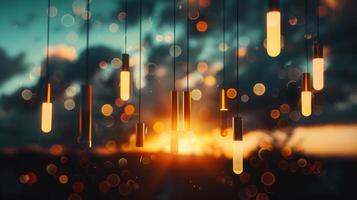 Glowing pendant lights illuminate a stunning sunset with soft, dreamlike bokeh effect. photo