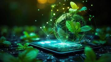 Conceptual image of digital technology supporting the growth of plants with connections to the earth. photo