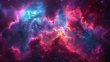 A vibrant and colorful nebula swirls with countless stars, creating a stunning cosmic panorama. photo