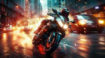 A motorcycle racer navigates a city street with an explosion of sparks in a nighttime chase. photo