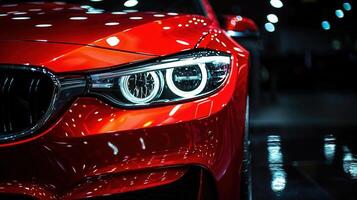 The sleek design of a vibrant red luxury car is shown in a detailed close-up shot. photo