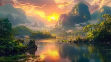 A breathtaking scene of a lake surrounded by mountains under a radiant sunset in the sky. photo