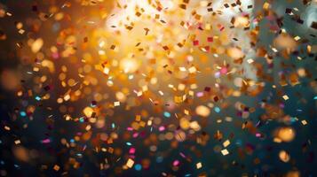 Abstract background of vibrant confetti with a bokeh effect, perfect for celebrations. photo