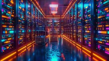 Stunning perspective of a modern data center, illuminated with vibrant neon lighting. photo