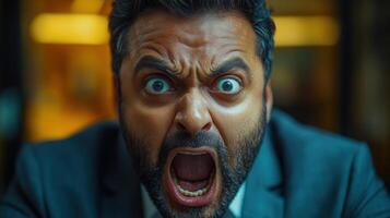 A close-up shot of an angry man yelling with a furrowed brow and wide eyes. photo