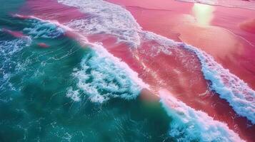 The ocean's turquoise waves roll onto a pink sandy beach, creating a beautiful, colorful paradise. photo