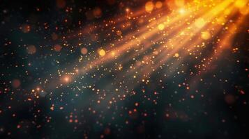 An elegant abstract design of golden light rays and shimmering bokeh particles on a dark backdrop. photo
