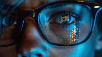 A person's eye reflecting lines of code, symbolizing technology and data. photo