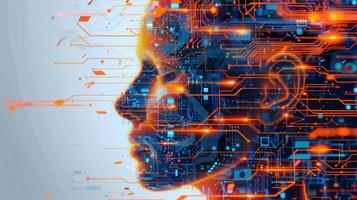 A detailed profile of a human face constructed from intricate digital circuit pathways. photo