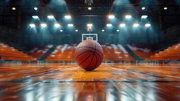 a lone basketball rests center court in a brightly lit, empty arena ready for the next game to begin. photo