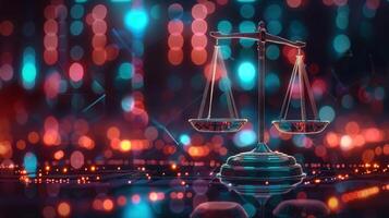 An illuminated scales of justice poised against an abstract, colorful bokeh background. photo