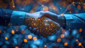 A handshake illuminated with a digital network, symbolizing business agreement and partnership. photo