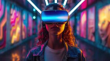 A woman wearing a virtual reality headset explores a futuristic neon-lit digital environment. photo
