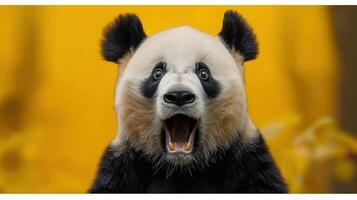 An adorable panda is expressing shock, captured with its mouth wide open in a vibrant setting. photo