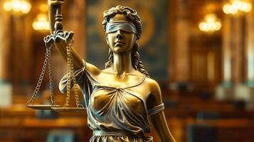 Lady Justice statue with scales and blindfold represents fairness and legal principles. photo