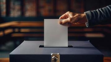Hand placing a ballot into a voting box, conveying the concept of elections and choices. photo