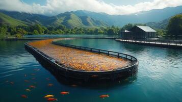 A stunning shot of a lake filled with golden fish, set against majestic mountains and blue water. photo