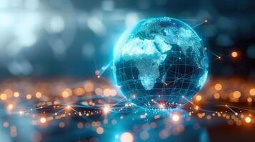 A glowing digital globe with connecting lines, symbolizing global networks and the internet. photo