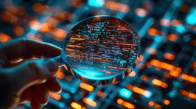 A close-up of a hand using a magnifying glass to examine a circuit board in detail. photo