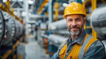 A focused engineer with a friendly smile poses confidently in an industrial setting. photo