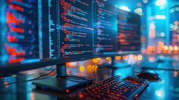 A computer programmer's workstation shows multiple screens filled with coding and a lit keyboard. photo