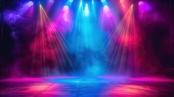 A vibrant stage bathed in colorful light beams, creating an immersive and dynamic atmosphere. photo