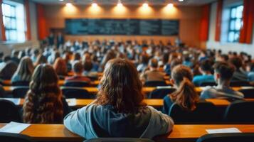A packed lecture hall, full of students, ready for a class or engaging presentation. photo