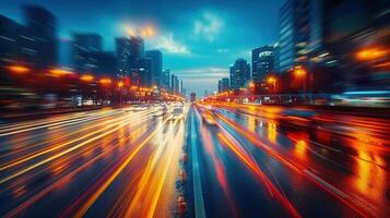 Nighttime city scene with glowing light trails from vehicles on a wet road surface. photo
