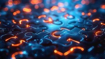 Close-up of a glowing puzzle, symbolizing technology and innovation with a futuristic feel. photo