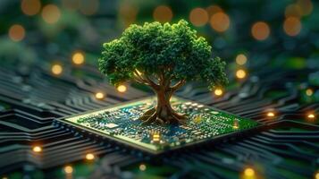 A striking image depicting a tree emerging from a computer circuit board in soft focus. photo