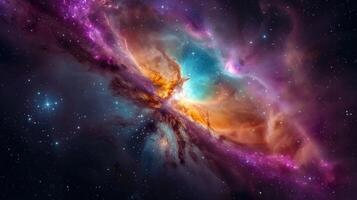 A breathtaking image of a colorful nebula filled with stars and vibrant cosmic details. photo
