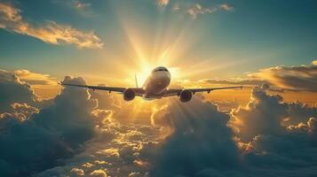 An airplane flies high above the clouds with the sun shining through the beautiful sky. photo