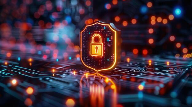 A glowing shield with a padlock on a circuit board, symbolizing digital security and privacy. photo