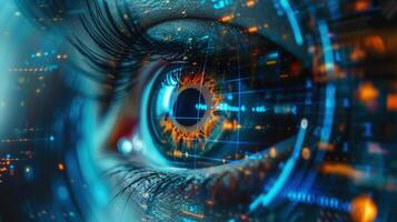 An eye is enhanced with digital data representing the vision of the future and artificial intelligence. photo